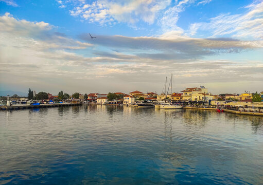 View from the water of the shore of Keramoti village , north-eastern part of Greece , Europe.