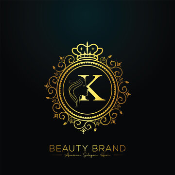 Luxury K letter logo, beauty face design vector template
