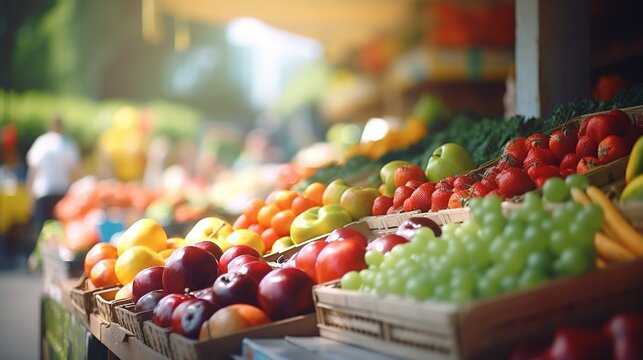 A vibrant farmers market with stands of colorful fruits and vegetables. Fresh tasty fruits and vegetables. Apples, oranges, brocoly, parika, tomato.