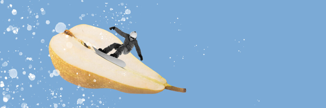 Naklejki Man on snowboard sliding down the pear over blue background. Banner. Contemporary art collage. Concept of food and sport, surrealism, nutrition and diet, health. Creative design
