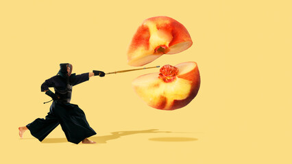 Active young man, kendo athlete cutting peach over yellow background. Contemporary art collage. Banner. Concept of food and sport, surrealism, nutrition and diet, health. Creative design