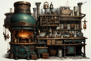 Fototapeta premium Ancient chemists laboratory with mysterious objects and experiments concept art illustration 