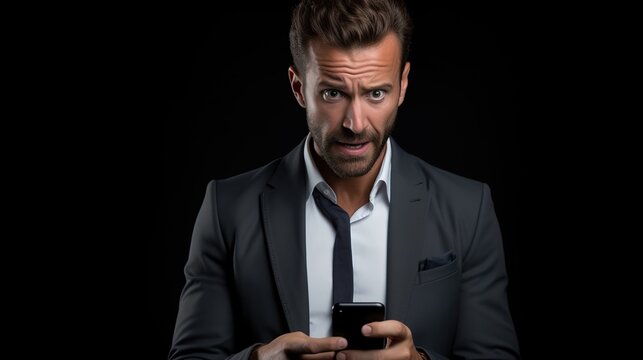 A Young businessman looking at his mobile phone with surprise expression isolated over gray background.