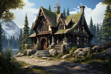 Fototapeta premium A cartoon style small cabin in the jungle concept art illustration 