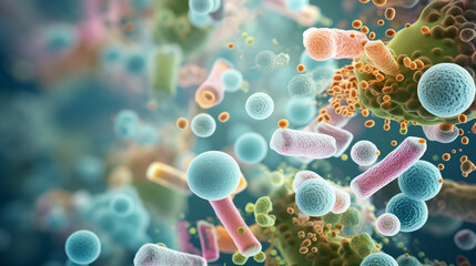 macro view of healthy gut bacteria and microbes - obrazy, fototapety, plakaty