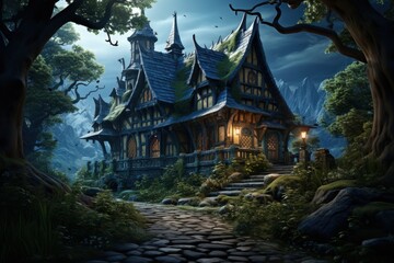 Fototapeta premium wooden house in the middle of the forest concept art illustration