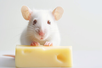 Close-up copy space white tame rat or mouse with cheese.