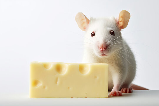 Close-up copy space white tame rat or mouse with cheese.