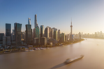 Bird eye view of financial district buildings, Shanghai, China