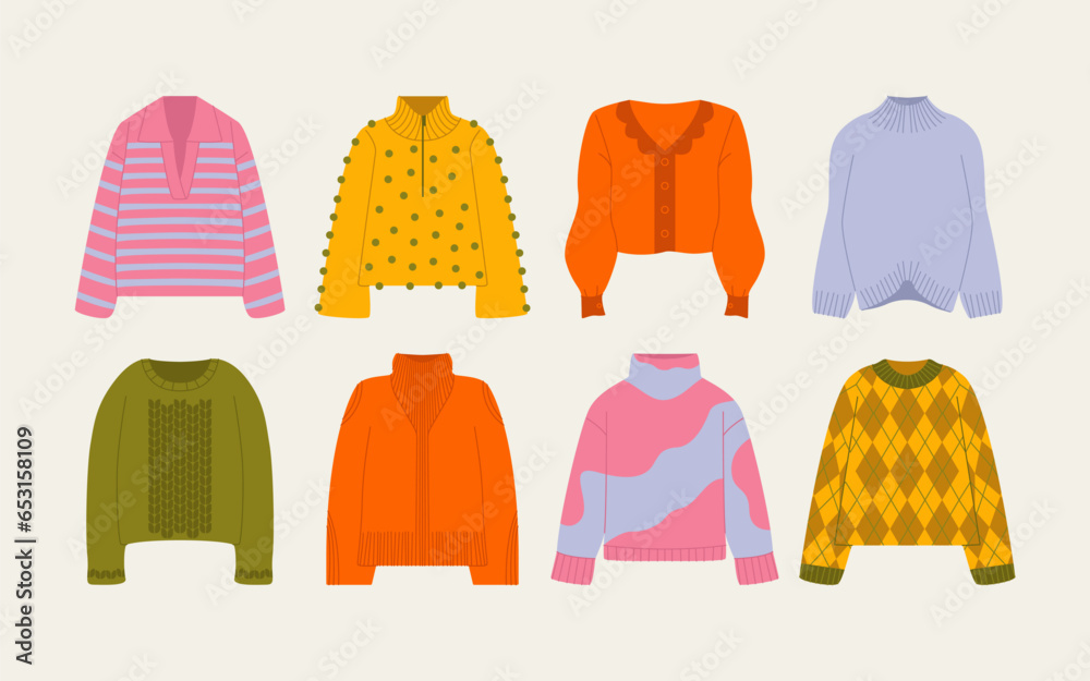 Wall mural Knitted sweaters. Cartoon women wearing wool cardigan, soft pullover comfortable winter clothing, spring autumn warm garment. Vector isolated set