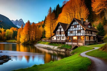 autumn landscape with lake and house