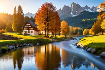 autumn landscape with lake and mountains