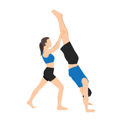 Obraz na płótnie Canvas Young couple helping each other to practicing yoga. Woman helps a man doing handstand yoga exercise. Flat vector illustration isolated on white background