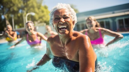 Obraz na płótnie Canvas Close up on active seniors sit while bathing in the swimming pool. Old ladies laughing in the water. A woman enjoying aqua fit class.
