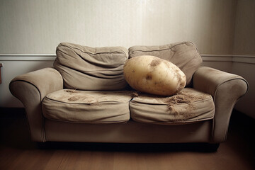 two tired potatoes relaxing on an old couch and enjoying life, concept couch potatoes