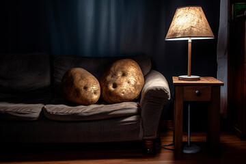 two tired potatoes relaxing on an old couch and enjoying life, concept couch potatoes - obrazy, fototapety, plakaty