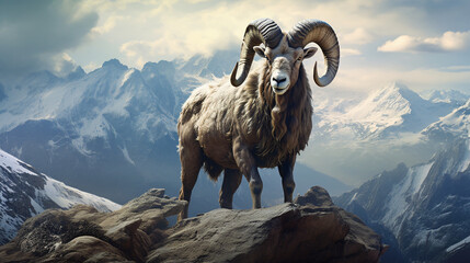 Mountain wild argali on the top of a rock against the clouds - Powered by Adobe