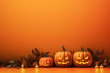 Halloween pumpkins, candles and leaves on orange background