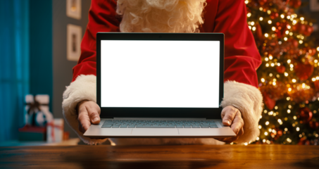 Santa Claus holding a laptop with blank screen