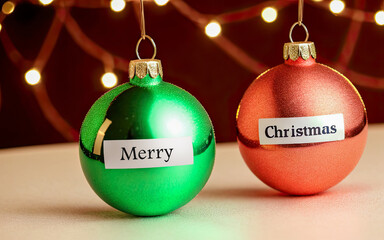 Christmas ball and Merry Christmas and Happy Holidays greeting card, frame, banner. Generative AI