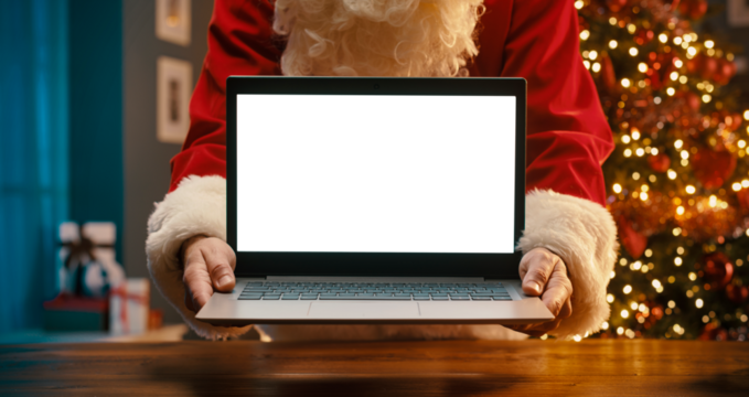 Santa Claus holding a laptop with blank screen