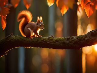 A cute squirrel sitting on a tree branch. Sunset.