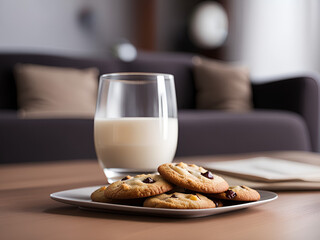 A glass of milk and  cookies on wooden living room table.
