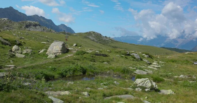 Grassy Mountainside Field With Rocks In Valmalenco, Sondrio, Italy. pan right