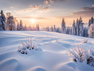 Winter sunset landscape with trees and snow. - Powered by Adobe
