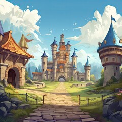 An illustration of an imaginary fantasy world. Kingdom. Cartoon castle and towers. Realm. A fairytale castle. Game art. Manor. Game plot, setting. Game design. Royalty - obrazy, fototapety, plakaty