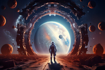 Fototapeta na wymiar Astronaut cosmonaut discovery of new worlds of galaxies panorama, fantasy portal to far universe,Astronaut space exploration, gateway to another universe,3d render.