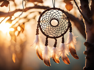 Dream catcher hanging on a tree. Sunset.