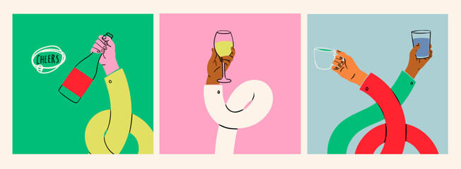 Stretched, flexible long hands hold various drinks. Wineglass, coffee cup, water, bottle. Boneless elastic arms. Cartoon style. Hand drawn Vector illustration. Isolated square design templates - 653162122