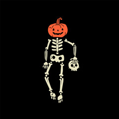 Human Skeleton with pumpkin holding own head. Hand drawn modern Vector illustration. Isolated design element. Poster, print template. Cute creepy character. Halloween, spooky, horror, holiday concept