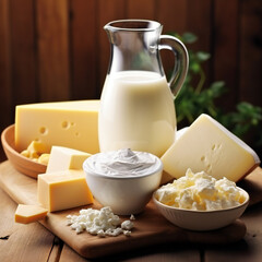 dairy products on wooden table