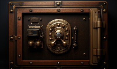 Closed door of old security safe box. Front  view of bank vault door. Full frame safe storage metal door for background or wallpaper. Retro vintage style. - obrazy, fototapety, plakaty