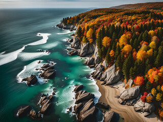 Top view  of an ocean coast with forset at autumn. - obrazy, fototapety, plakaty