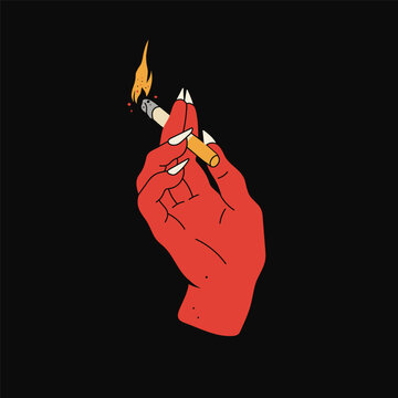 Red demon or satan hand holding cigarette. Hand drawn modern Vector illustration. Halloween, smoking concept. Poster, print, design template, tattoo idea. Isolated element