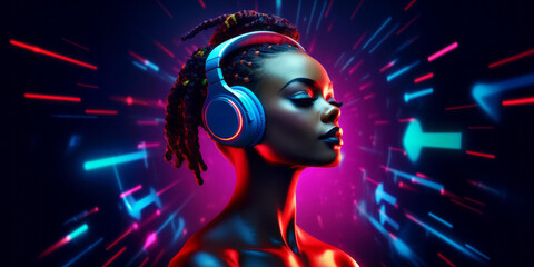 African woman wearing headphones, enjoying music beats, feeling emotions in vibrant color pulse, colorful dynamic sound vibes and abstract digital light effects on black background - obrazy, fototapety, plakaty