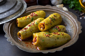 Stuffed zucchini with meat from traditional Turkish cuisine. Turkish name; etli kabak dolmasi