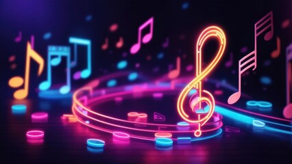 Multicolored neon glowing treble clefs. Abstract luminous background with empty space for text or product - obrazy, fototapety, plakaty
