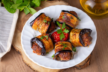 From traditional delicious Turkish cuisine; Meatballs in deep fried eggplant slices. Turkish name; Patlican sarma