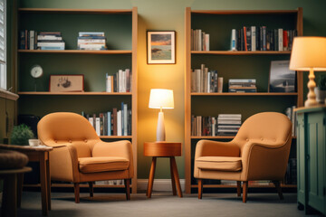 An psychologist's office, with comfortable chairs, soothing colors, and bookshelves filled with psychology literature. Generative Ai