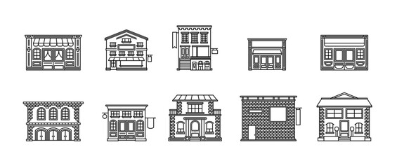 Building, stores and house icons. Flat style buildings symbols for webs and apps on white background. Real estate. High quality architecture Vector illustration.