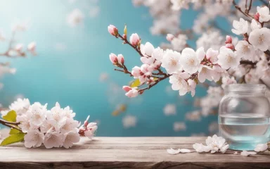 Poster Spring background fruit flowers on a wooden table, Cherry blossom background with empty space for text or product © Clown Studio