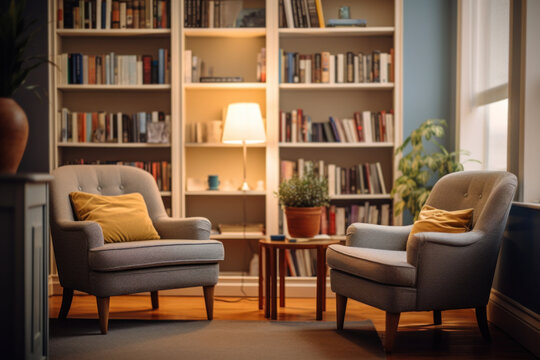 An psychologist's office, with comfortable chairs, soothing colors, and bookshelves filled with psychology literature. Generative Ai