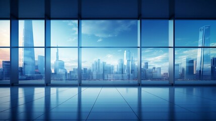Office background with city view and window reflections