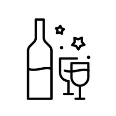Vector illustration of champagne bottle, two glasses and stars. Minimal icon in line style for Christmas and new year celebration. Simple design for a party, anniversary, jubilee or birthday.