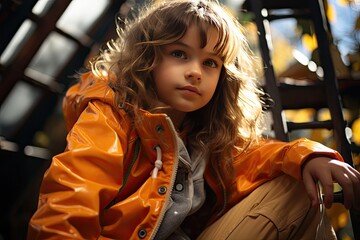 Cute girl on the playground climb high on a rope net or web in an outdoor playground. Safety engineering