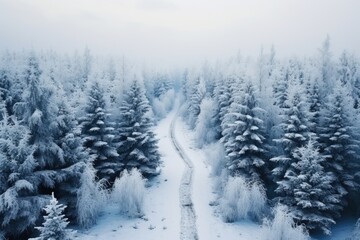 Aerial view of the forest with snowy road at winter. The trees are covered with snow. Beautiful nature.